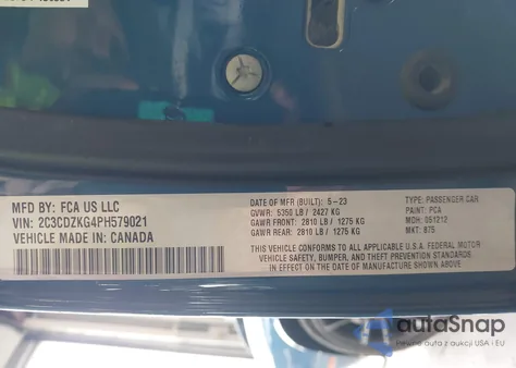 2023 Dodge Challenger Gt Awd из США, поврежденный, VIN 2C3CDZKG4PH579021